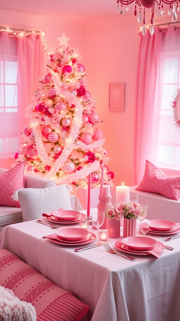 A cozy pink Christmas room with a decorated pink tree, festive table setting, and warm lighting.